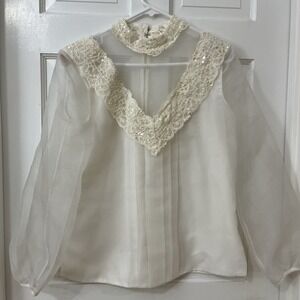 VTG Patra‎ Embellished Blouse Organza Lace Pintuck Shoulder Pads Feminine Sz 10